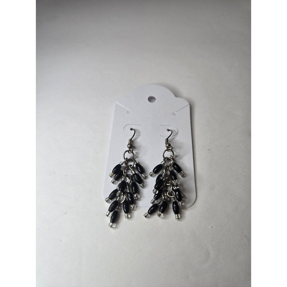 Silver Tone Dangle Earrings Black Beaded